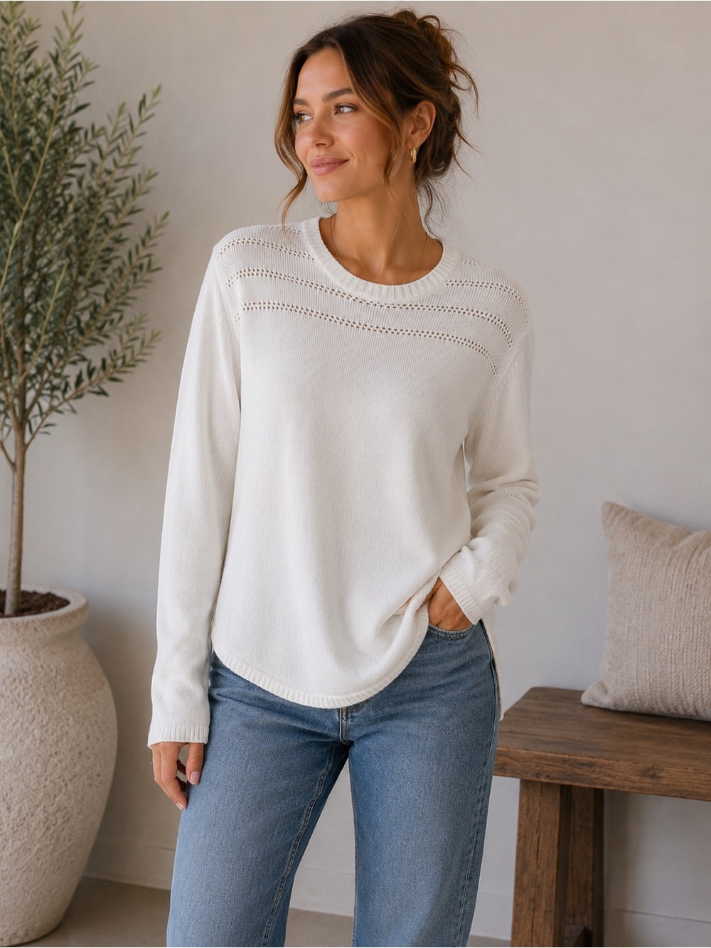 Tentree Off White Knit Crew Neck Sweater Size 10 M Organic Cotton Minimalist